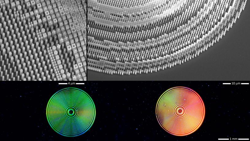 Scanning electron micrographs of sections of broadband meta-lenses