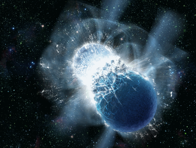 This artist's conception portrays two neutron stars at the moment of collision