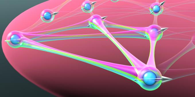 Artist’s conception of interactions among atoms in JILA’s strontium atomic clock during a quantum simulation experiment