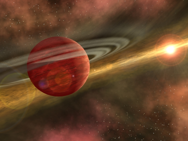 This is an artist's conception of a young planet in a distant orbit around its host star
