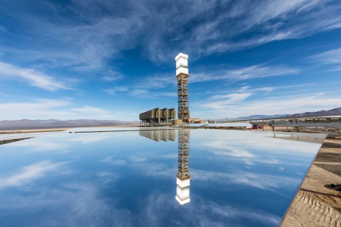 A view of the Ivanpah Solar Electric Generating System tower 1 and power block from the solar field
