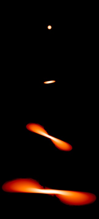 When a star first encounters a black hole, tidal forces stretch the star into an elongated blob before tearing it apart, as seen in these images from a computer simulation