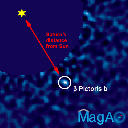 An image of the exoplanet Beta Pictoris b taken with the Magellan Adaptive Optics VisAO camera. This image was made using a CCD camera, which is essentially the same technology as a digital camera. The planet is nearly 100,000 times fainter than its star, and orbits its star at roughly the same distance as Saturn from our Sun