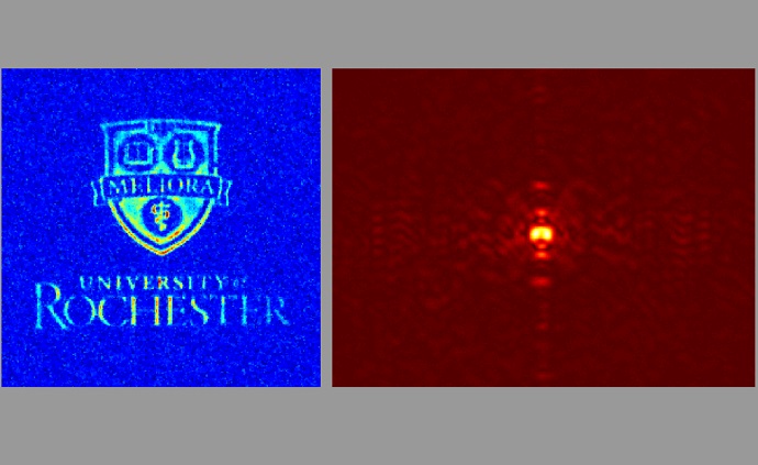 Recovered position and momentum images showing how compressive sensing can be used to measure two conjugate variables, in this case using the university logo as an object