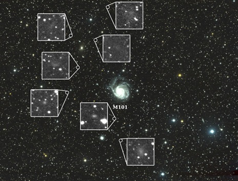 This image shows the field of view from the Dragonfly Telephoto Array, centered on M101. Inset images highlight the seven newly discovered galaxies