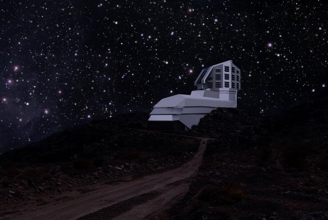A photograph and a rendering mix, showing the Large Synoptic Survey Telescope