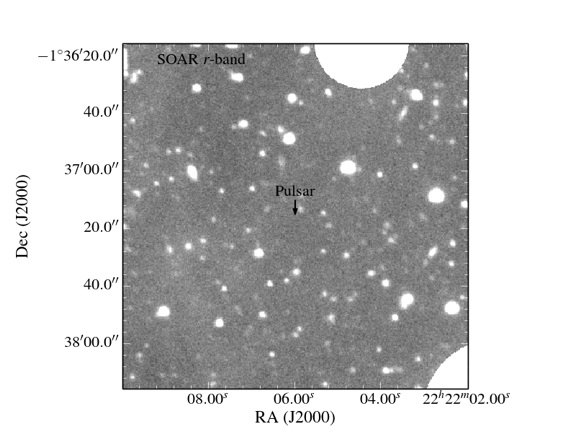 An image taken in visible light at the SOAR telescope of the field of the pulsar/white dwarf pair