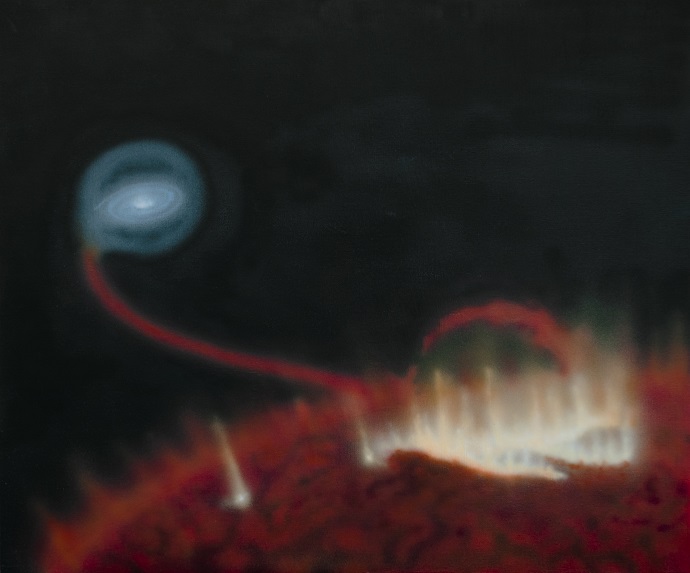 Artist impression of a giant flare on the surface of red giant Mira A