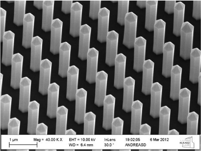 Seen here is a series of nanowires comprised of an inner core of gallium-nitride