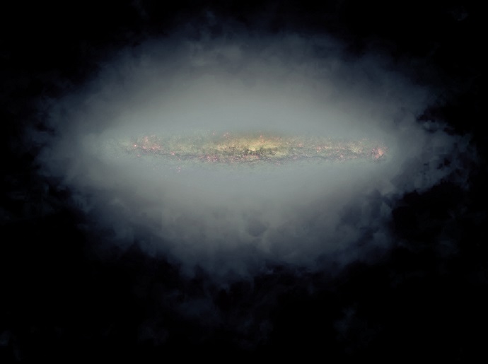 Composite image of an edge-on spiral galaxy with a radio halo produced by fast-moving particles in the galaxy's magnetic field