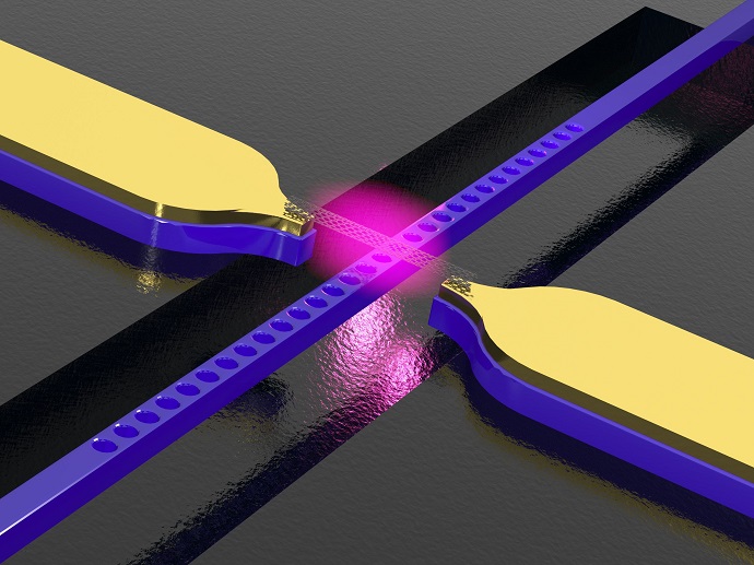Carbon nanotube above a photonic crystal waveguide with electrodes. The structure converts electric signals into light