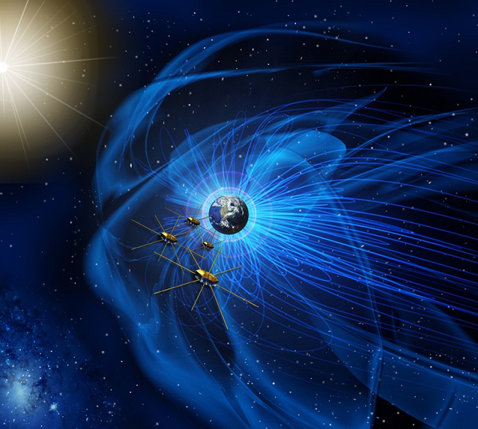 This artist’s rendition shows the four identical MMS spacecraft flying near the sun-facing boundary of Earth’s magnetic field