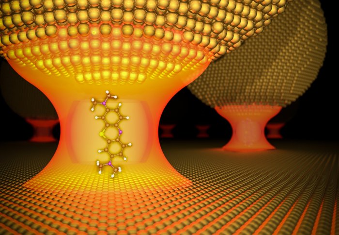 Illustration of a molecule coupled with light in a gold nanopore