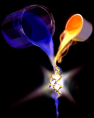 Mixing light with dye molecules, trapped in golden gaps