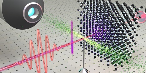 A short laser pulse travels through a diamond and excites electrons inside it