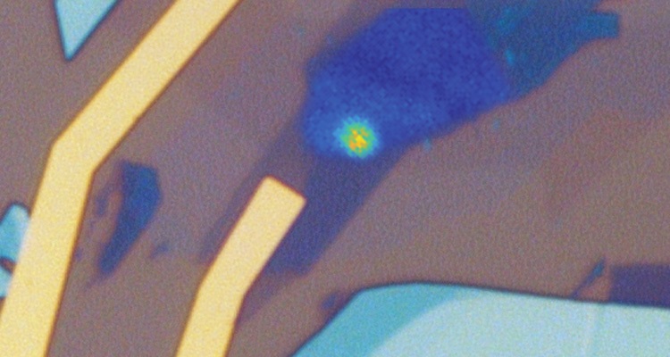 An overlay of the microscope image of a quantum LED device and the photoluminescence image from the active area of WSe2