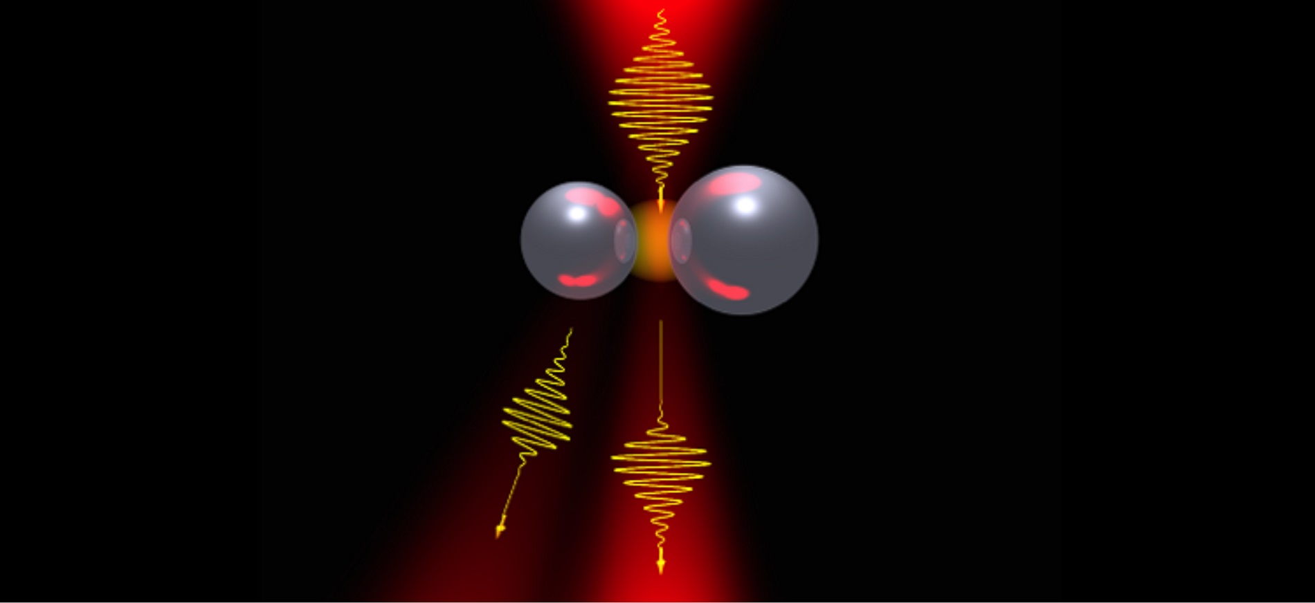 An artist’s rendering of nonlinear light scattering by a dimer of two silicon particles with a variable radiation pattern