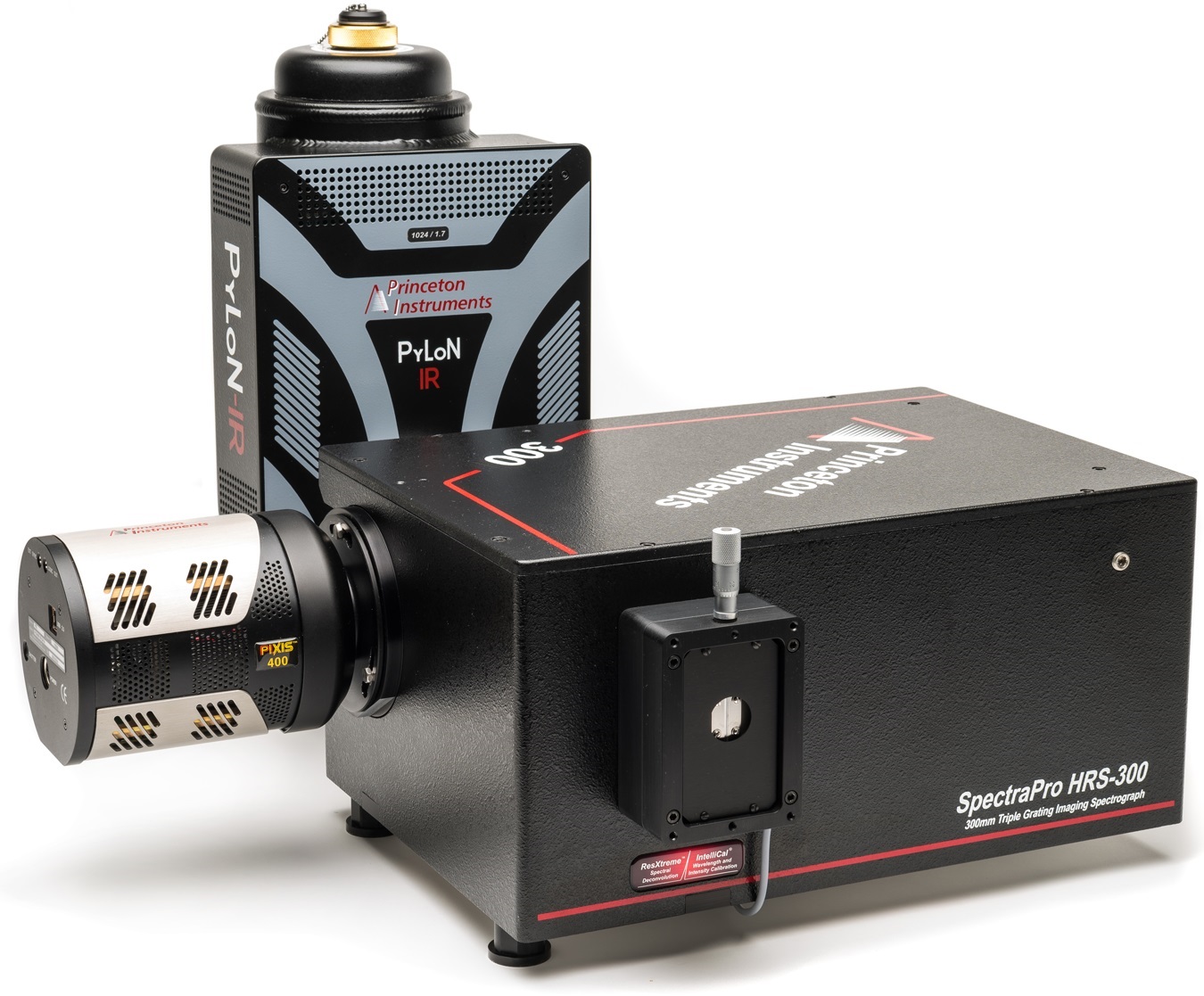 Versatile SpectraPro HRS-300 spectrograph shown with Princeton Instruments’ PyLoN-IR InGaAs and PIXIS CCD cameras.