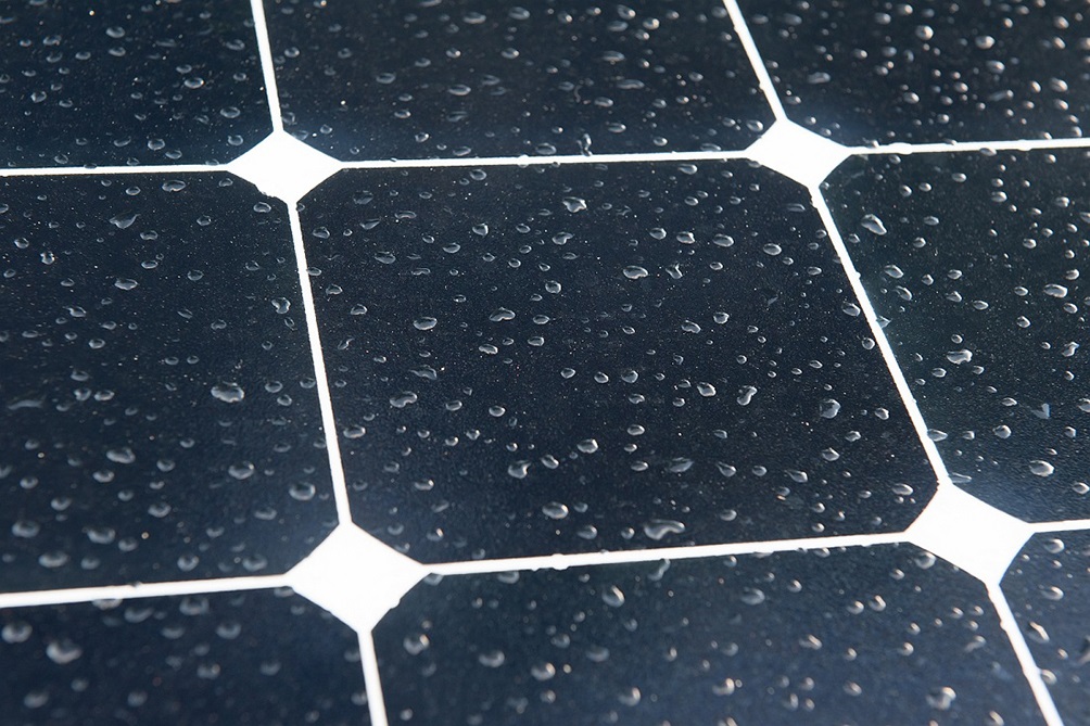 Silicon solar panel in the rain