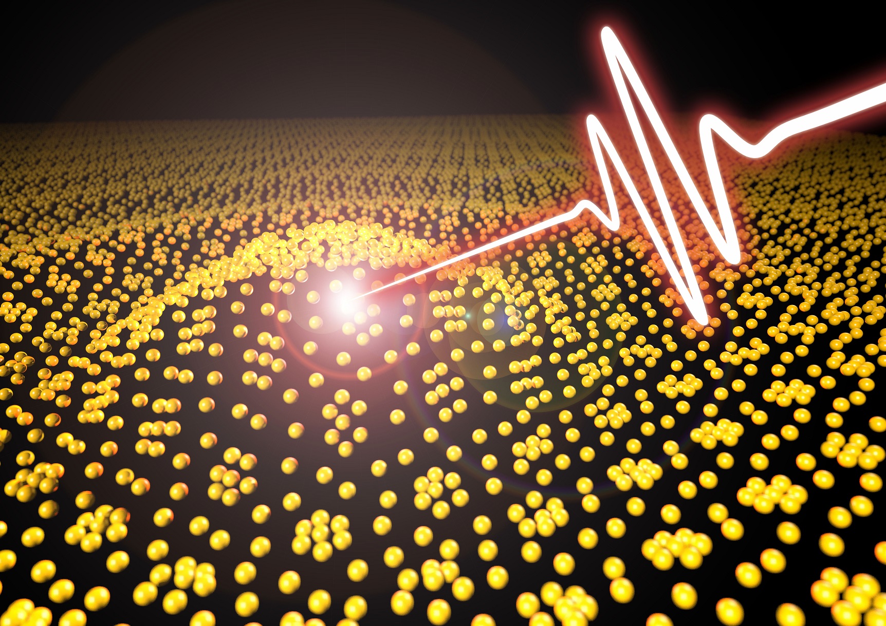 Illustration of the atomic lattice of a surface in which a phase change is triggered by a laser pulse.