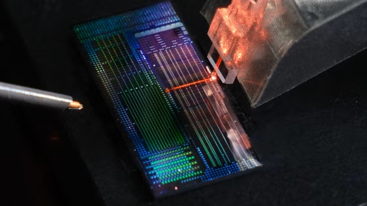Optical chip developed in the study with laser light from an optical fiber array.