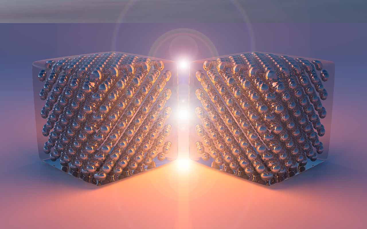 Illustration of nanosized device made of two joined silver single crystals that generate light by inelastical electron tunneling