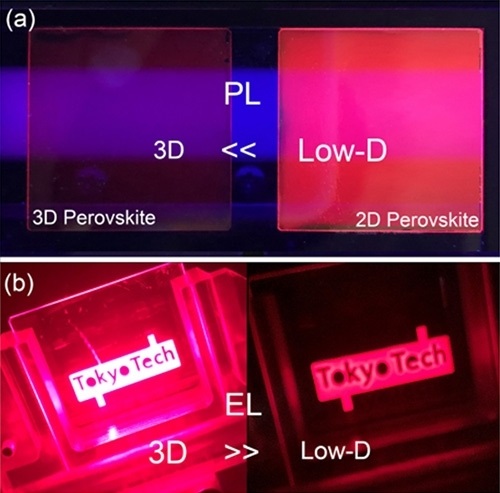 Photoluminescence and electroluminsecence in low-dimensional and 3D perovskite-based devices.