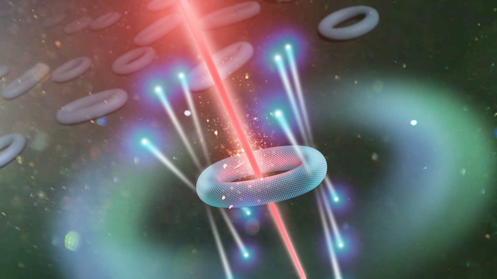 Artistic rendering of semiconductor quantum rings being illuminated by a laser and emitting single photons