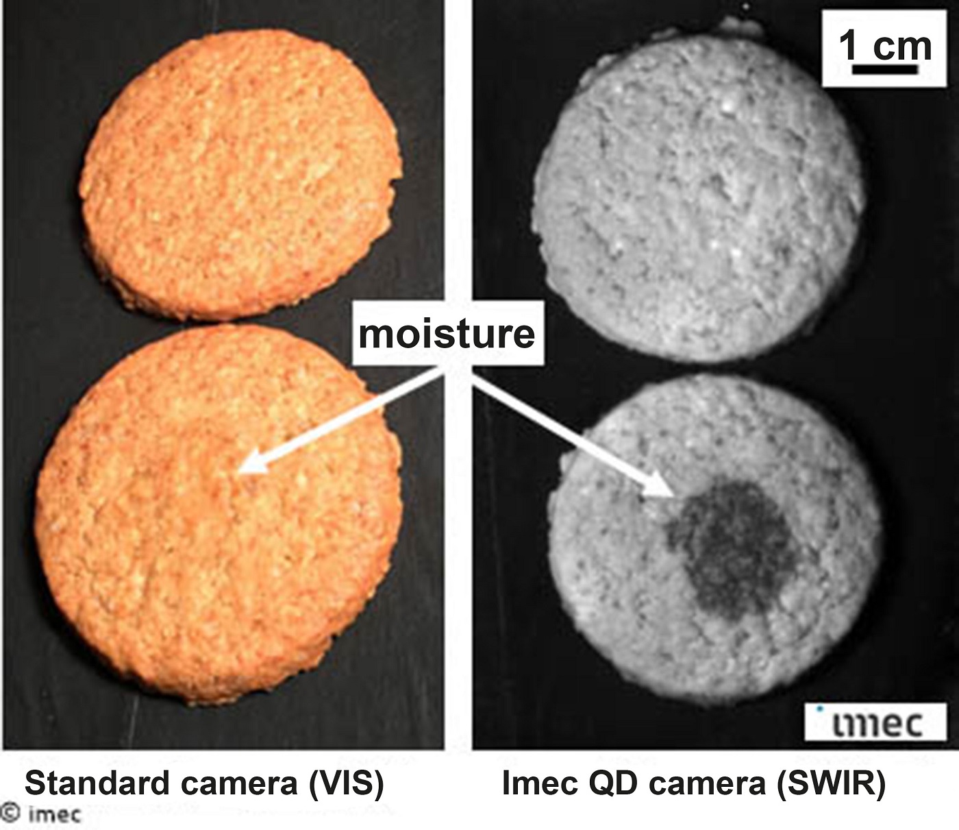 Test images of cookies acquired with a standard Si-based camera in visible range and imec QD-based camera at the wavelength of 1450nm