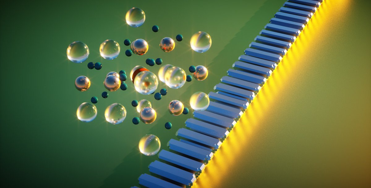 An artist's rendering of a ytterbium ion in a nanophotonic cavity