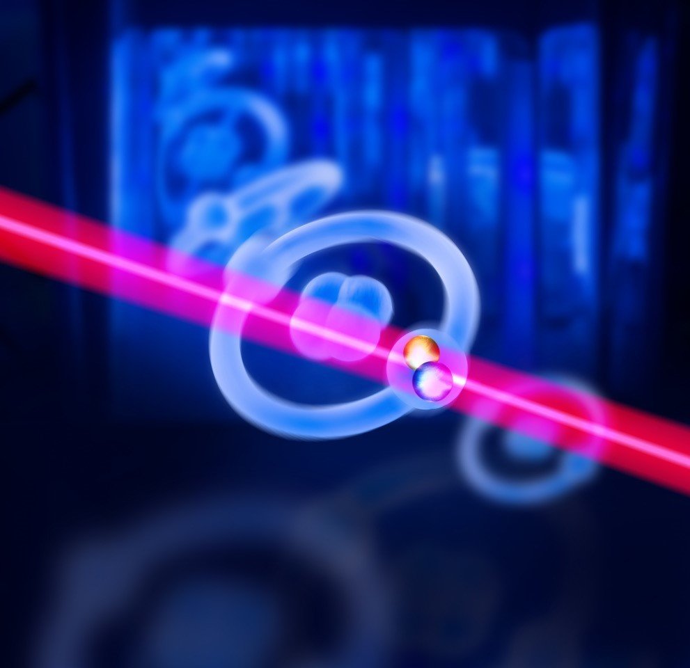Artistic impression of the pionic helium atom irradiated by a laser beam.