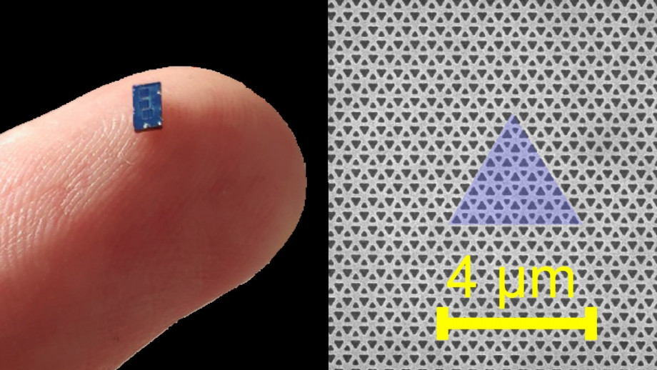 Left: semiconductor chip hosting 940 tiny lasers. Right: electron microscope image of an individual laser. Scale bar is 4 micrometres large.