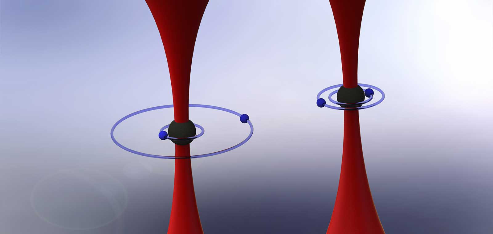 This illustration represents two entangled qubits, in which the qubits are individually controlled strontium atoms