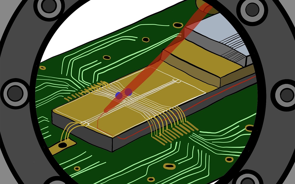 An ion trap with integrated waveguides. The laser light for controlling the two trapped ions is delivered to the ion traps inside the chip