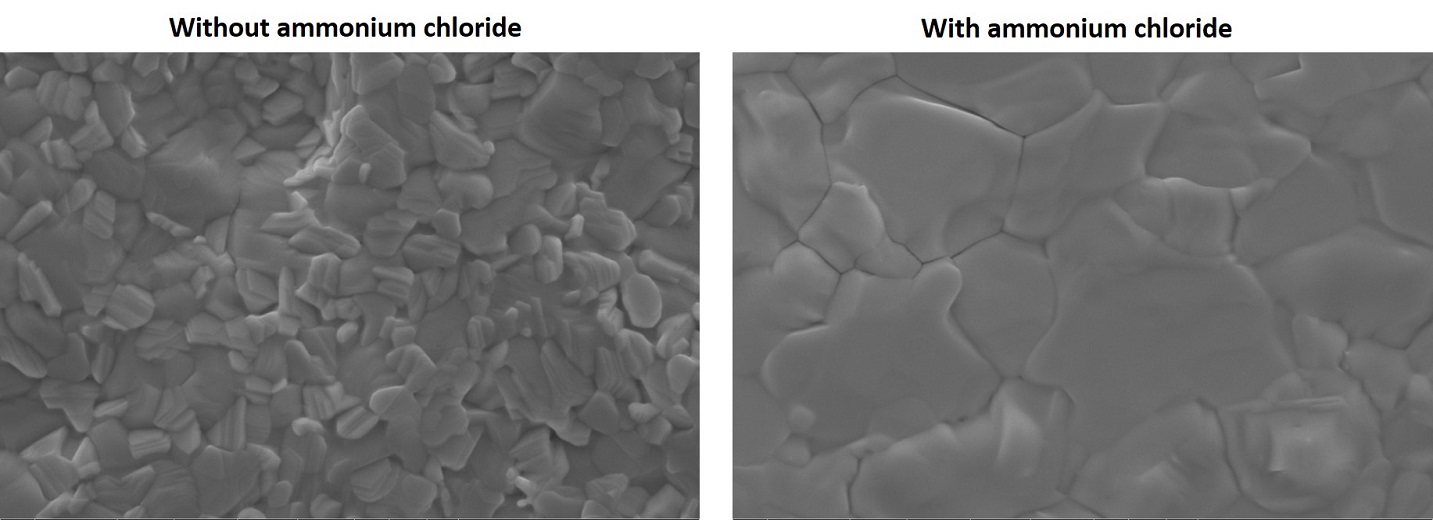 By adding ammonium chloride, the resultant perovskite film had fewer grains of a much larger size, reducing the number of grain boundaries.