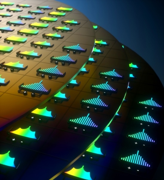 Artist's concept illustration of electrically controlled optical frequency combs at wafer scale