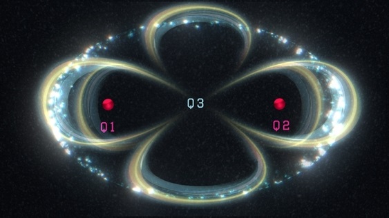 An artist's impression of quantum entanglement between three qubits in silicon