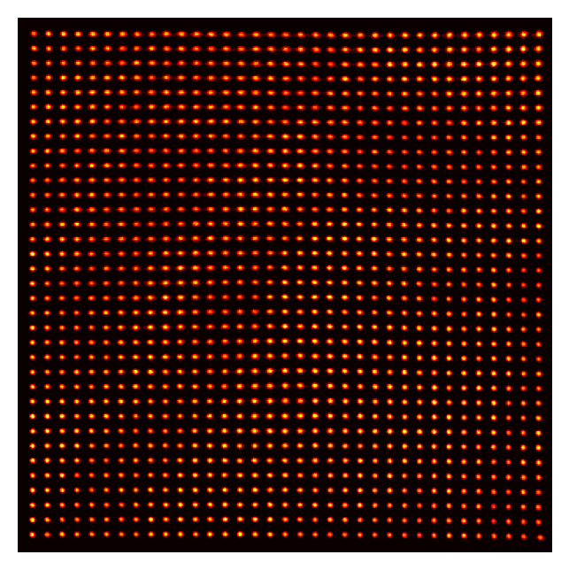 One of the first steps in preparing the qubits is to load them into an optical lattice array. Each spot on the grid can hold up to one atom at a time, and this image shows the occupancy of each spot in the grid as a composite of hundreds of experiments