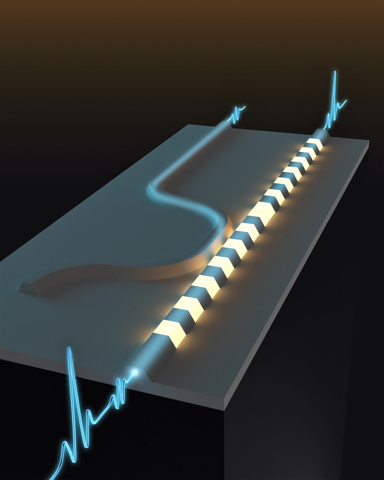 An artist's illustration of an optical switch, splitting light pulses based on their energies.