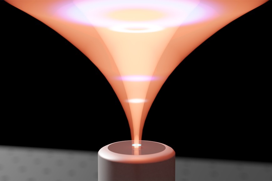 Conceptual render displaying the difference between a structured laser beam and a two-photon quantum state of light being focused on a single mode fibre.