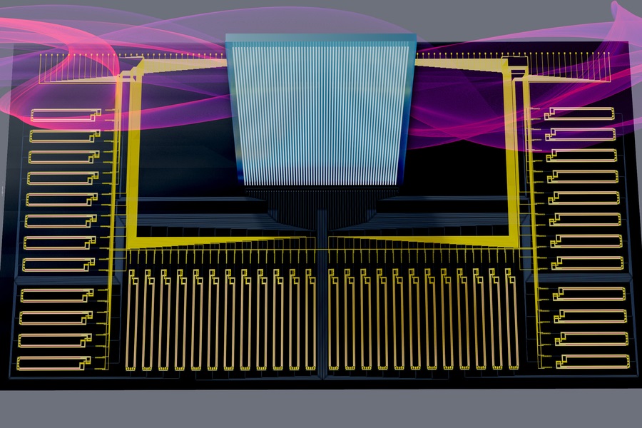 This rendering shows a novel piece of hardware, called a smart transceiver, that uses technology known as silicon photonics to dramatically accelerate one of the most memory-intensive steps of running a machine-learning model. This can enable an edge device, like a smart home speaker, to perform computations with more than a hundred-fold improvement in energy efficiency.