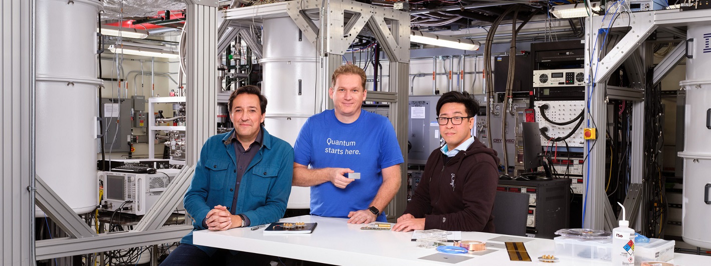 Dario Gil, Jay Gambetta and Jerry Chow holding the new 433 qubit processor