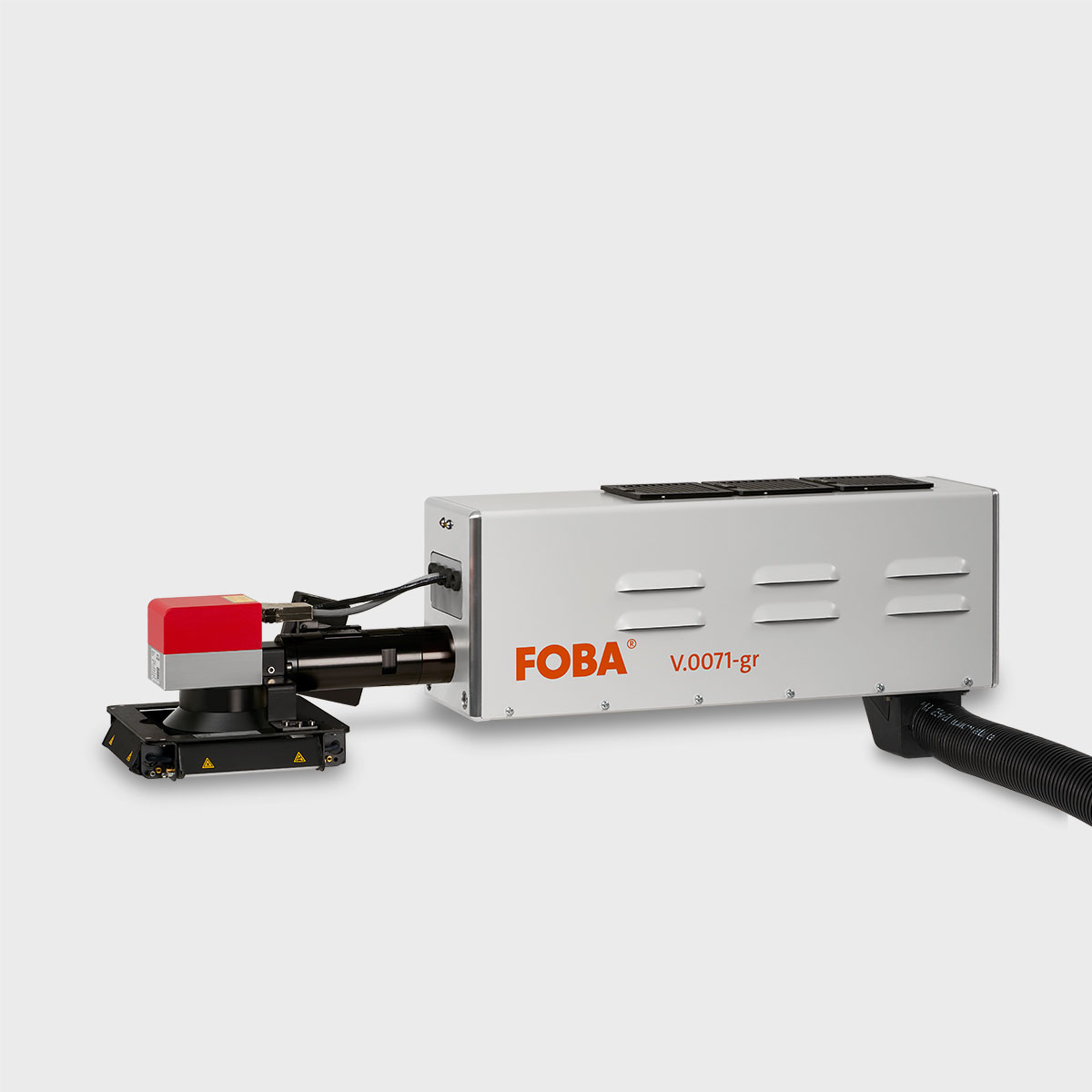 The green laser marking system FOBA Y.0141-gr is a 532 nm wavelength laser system with a vanadate source and 14-watt laser power.