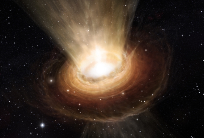 This artist's impression shows the surroundings of the supermassive black hole at the heart of the active galaxy NGC 3783 