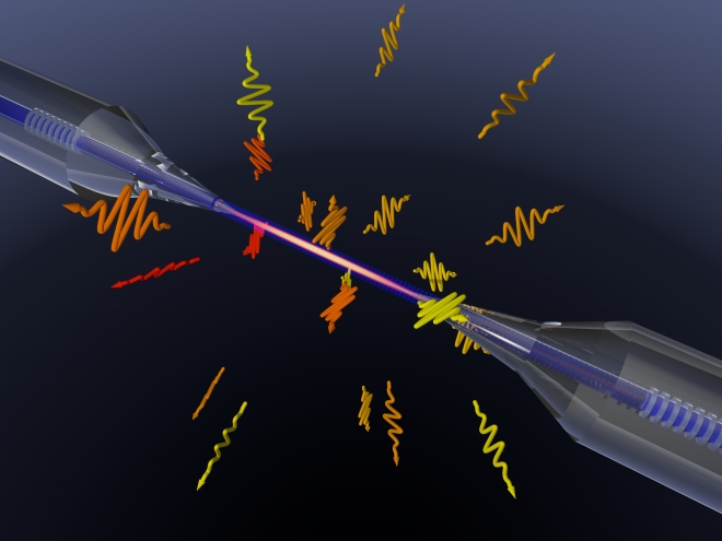 An ultra-thin glass fiber emits light of different wavelengths