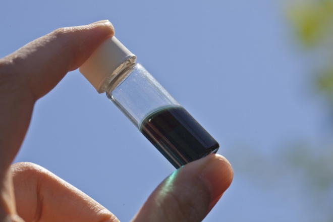 A vial holds a solution that contains the UW-developed polymer ink that can be printed to make solar cells