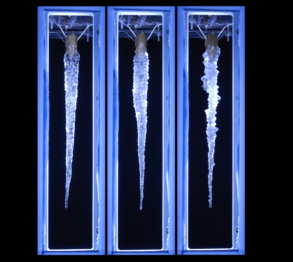 3 icicles with various amounts of dissolved salt