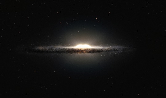 An artist’s impression showing how the Milky Way galaxy would look seen from almost edge on and from a very different perspective than we get from the Earth
