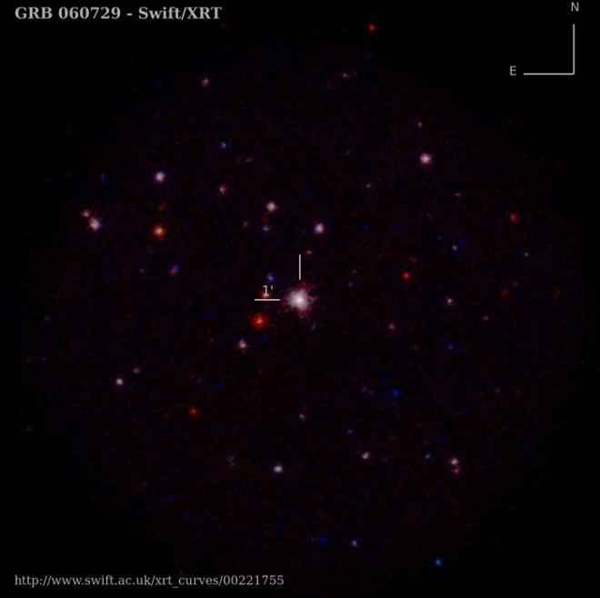 An image of the X-ray sky centred on a gamma-ray burst which exploded on the 29th of July 2006