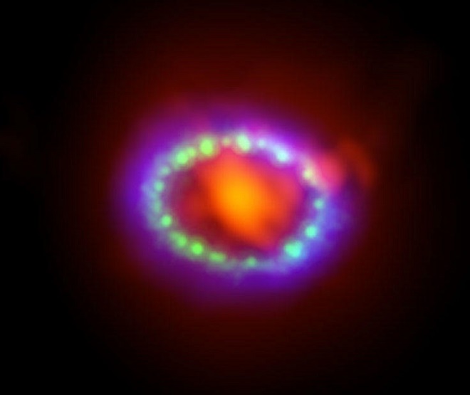 This image shows the remnant of Supernova 1987A seen in light of very different wavelength